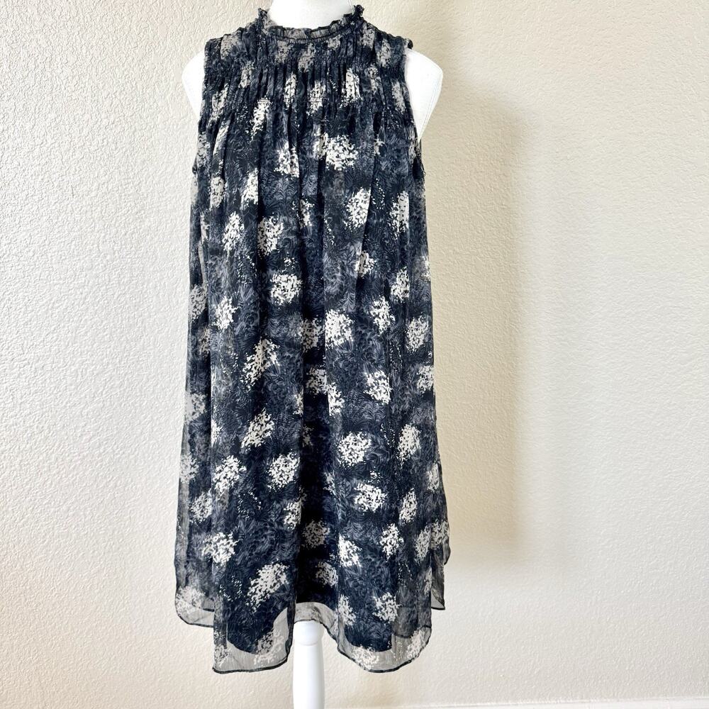 Joie Baltic Print Dress Small Black Gray Chiffon Smocked Ruffle Neck Sleeveless
